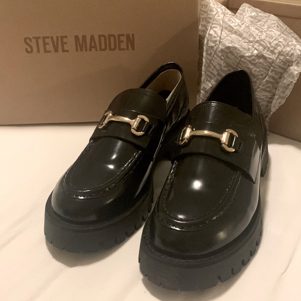 New! Steve Madden Lando Black Leather Platform Loafer